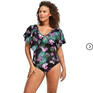 Womens 1 piece hibiscus dot plus sz flutter sleeve swimsuit tummy control 20/22